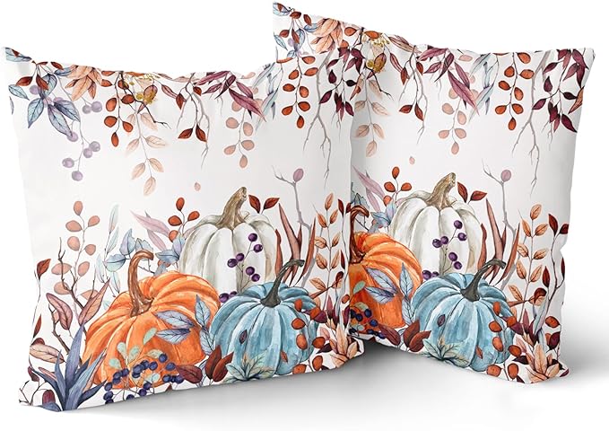 Giwawa Fall Pillow Covers Set of 2 16x16 Inch Orange Blue White Pumpkins Autumn Leaves Thanksgiving Cushion Covers Farmhouse Decorative Square Double Sided Throw Pillowcases for Indoor Outdoor Holiday