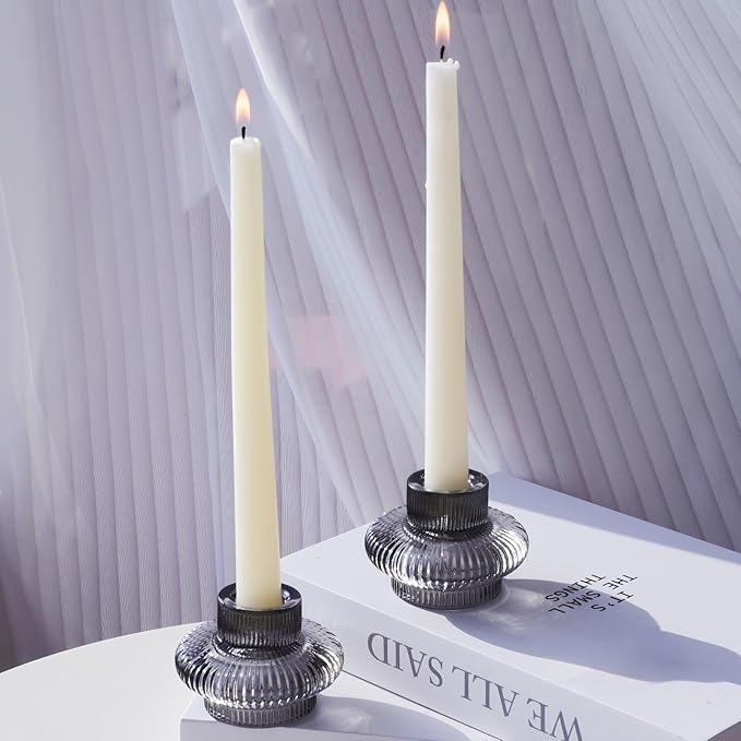 VOHO Smoky Grey Taper Candle Holders Set of 6, Classic Ribbed Candle Sticks Holder Decor for Table Centerpiece at Daily/Birthday/Party, Double Sided Candle Holder for Candlesticks & Tea Lights Candles