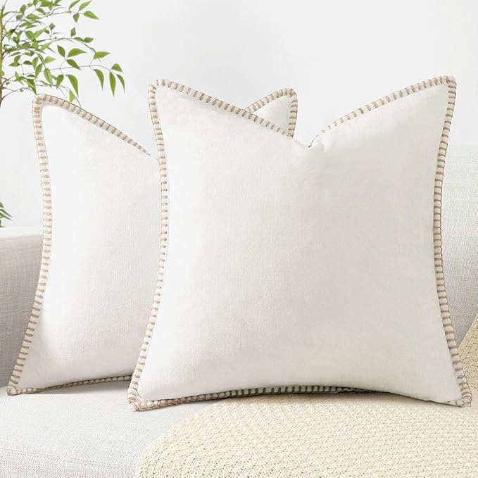 decorUhome Chenille Soft Throw Pillow Covers 22x22 Set of 2, Farmhouse Velvet Neutral Decorative Euro Pillow Covers with Stitched Edge for Couch Sofa Bed Home Decor, Cream White