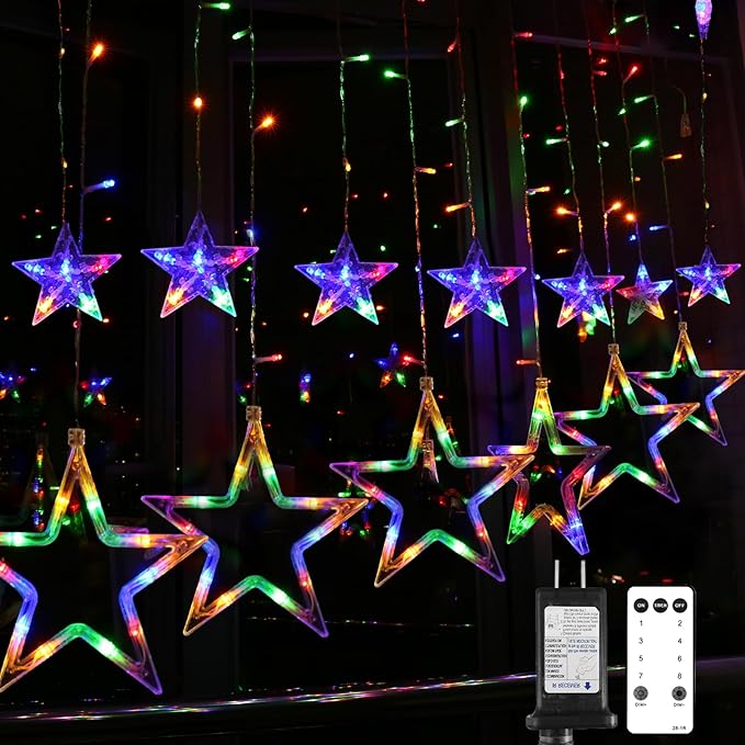 Blingstar Star Curtain Lights 138 LED 12 Star Multicolor Christmas Lights 8.2 Ft Connectable Window Lights with Remote Plug in Curtain String Lights for Christmas Ramadan Bedroom Indoor Outdoor Decor