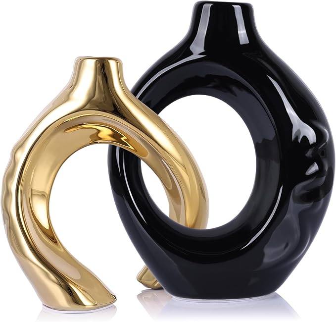 LCCCK Boho Black and Gold Ceramic Vases for Home Decor - Small Hollow Donut Vases for Living Room Table Wedding Centerpiece
