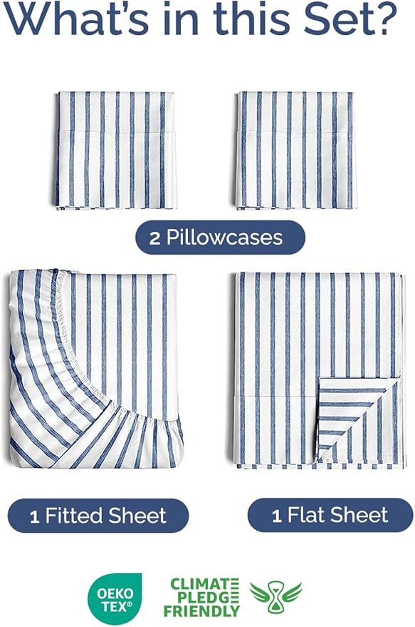 Extra Deep Twin Sheet Set - 4 Piece Breathable and Cooling Sheets - Hotel Luxury Bed Sheets Set - Easy Fit - Soft, Wrinkle Free and Comfy Sheets Set - Blue Striped Sheet Set with Extra Deep Pockets
