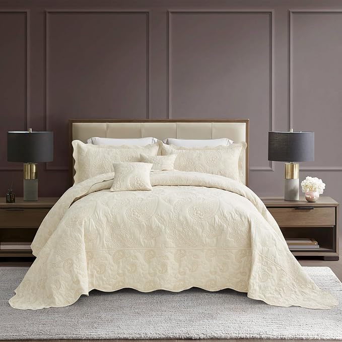 HZ & HY Oversized King Bedspread 128x120 Extra Wide, Quilted Coverlet Bedding Set, Lightweight Thin Comforter, Reversible, Luxurious, 5 Piece, 100% Microfiber, Ivory Yellow