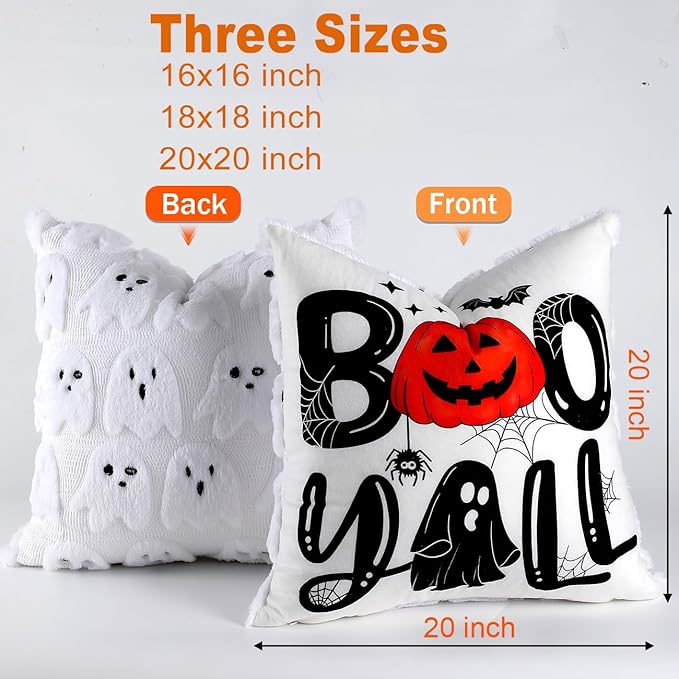 TOYPOPOR Halloween Decorations, 2 Packs Double Sided Ghost Pillow Covers, Soft Faux Fur Throw Pillow Cases, Indoor Outdoor Couch Cushion Case for Fall Autumn Bedroom Living Room Home Decor 20''x20''