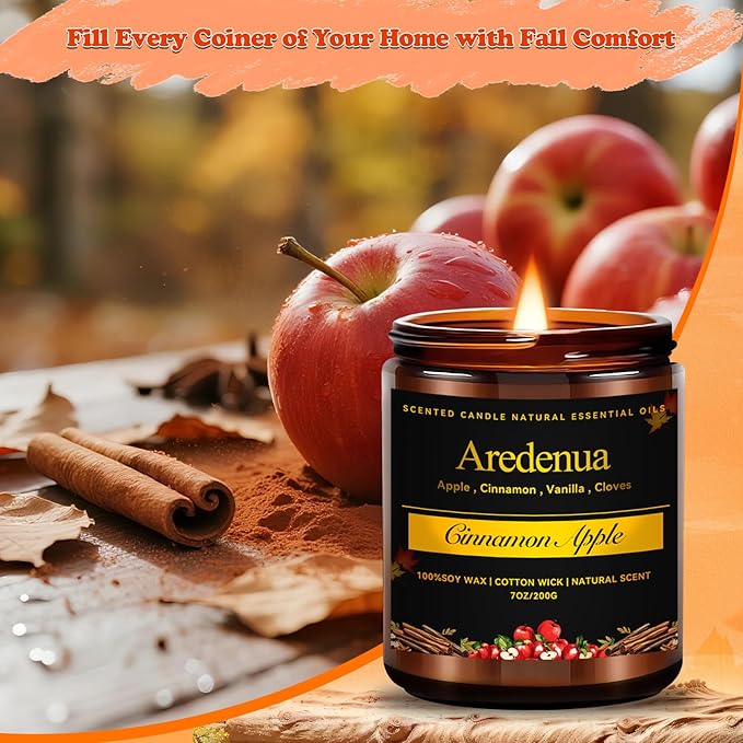 Fall Candles - Apple & Cinnamon Candle | Apple Scented Candles, Thankingsgiving Candle for Autumn, 7 OZ Soy Candles for Home Scented - Fall Gifts for Women Men