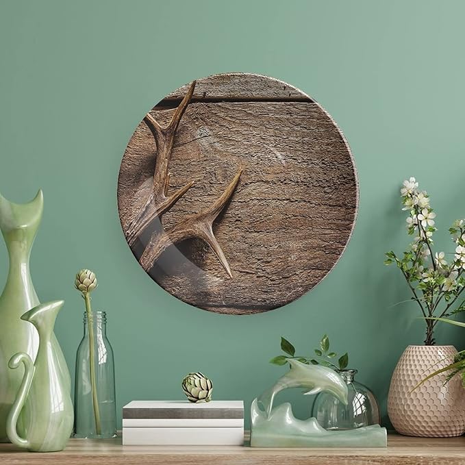 XISUNYA 10 Inch Decorative Plate, Antlers Tableware Plate, Deer Antlers On Wood Table Rustic Hunting Season Print Ornament Display Plate Decor Accessory for Dining, Parties, Wedding
