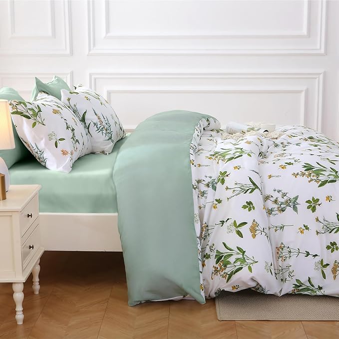 MUXHOMO Full Comforter Set, Green Elegant Floral Print Bed in a Bag 7 Pieces, Ultra Soft & Breathable Reversible Botanical Pattern Bedding Set with Comforter, Sheets, Pillowcases, and Shams