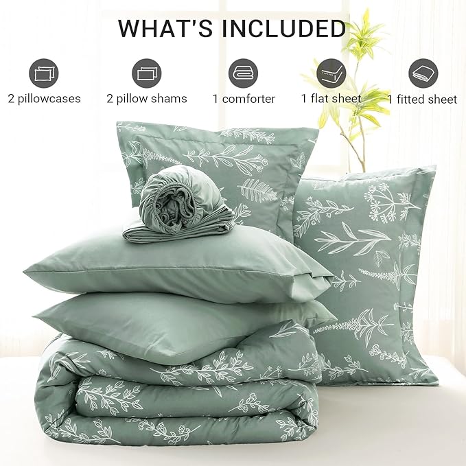 MUXHOMO King Comforter Set 7 Pieces, Sage Green Elegant Floral Print Bed in a Bag King, Ultra Soft & Breathable Reversible Botanical Pattern Bedding Set with Comforter, Sheets, Pillowcases, and Shams