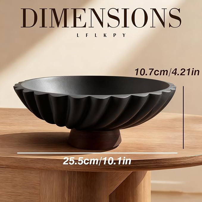 Black Concrete Bowl with Wooden Base, Modern Decorative Fruit Bowl for Table Centerpiece, Living Room or Kitchen Decor