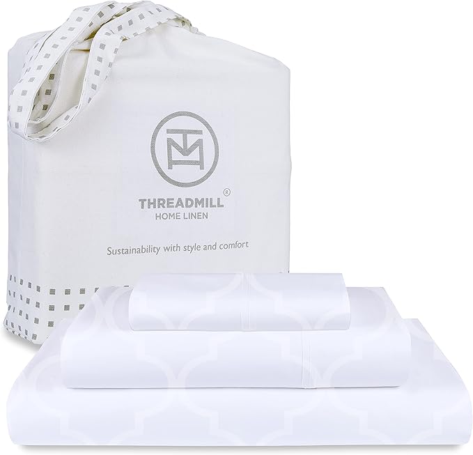 Threadmill Cotton Twin Sheet Set | 100% Cotton Sheets for Twin Size Bed | Damask Jacquard Sateen Twin Bed Sheets Set with 16” Deep Pocket | Soft Breathable 3-Piece Cooling Sheet Set | White
