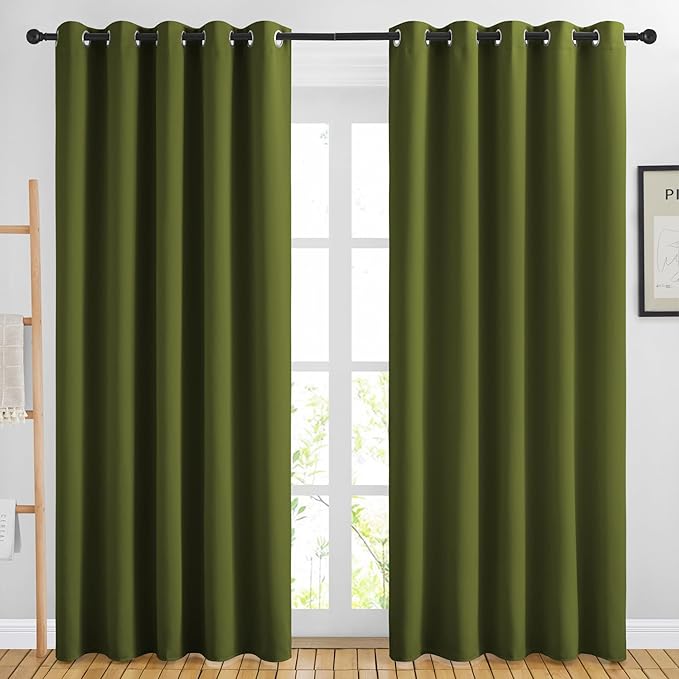 NICETOWN Room Darkening Curtains 84 inch Length 2 Panels Set - 3 Pass Microfiber Noise Reducing Thermal Insulated Solid Ring Top Curtains & Drapes for Living Room (66 x 84 Inch, Olive)
