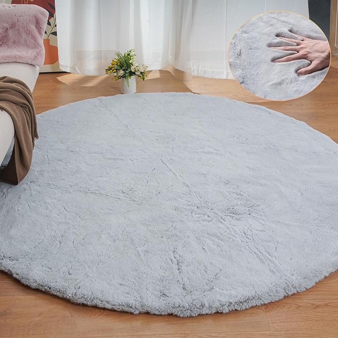 Silver Grey Round Rugs 8ft Shag Washable Area Rugs for Bedroom Faux Bunny Fur Circle Rug for Living Room Large Sheepskin Nursery Rug Home Décor