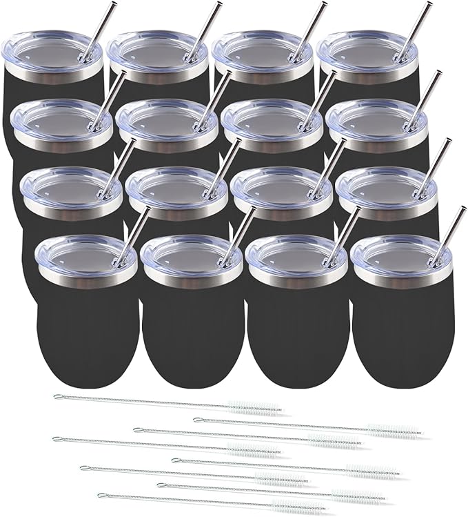 Amtidy 16 Pack Powder Coated Stainless Steel Tumbler with Lid,Equipped with straw and straw brush，12 oz Double Wall Vacuum Insulated Travel Tumbler Cup for Coffee, Wine, Cocktails