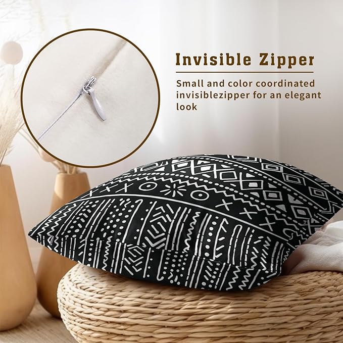 Black Tribal Throw Pillow Covers - Boho Aztec Pillow Covers 16x16 Stripe Ethnic Pillow Cases Set of 2 African Cushion Covers for Chair Couch Home Outdoor