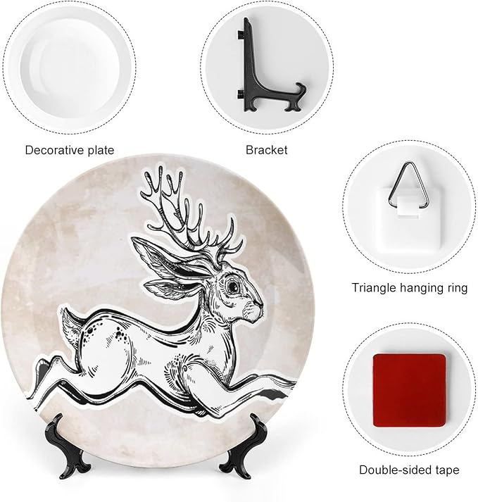 XISUNYA 6 Inch Decorative Plate, Antler Decor Ceramic Stoneware, Magical Creature Running Sketch Mythology Print Ceramic Wall Hanging for Home Office Party Dinner Table Decor