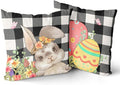 Giwawa Easter Pillow Covers 16x16 Inch, Easter Bunny Eggs Throw Pillowcases with Black White Buffalo Plaids, Cute Rabbit Spring Flower Cotton Cushion Cover for Sofa Couch Bedding Decor, Set of 2