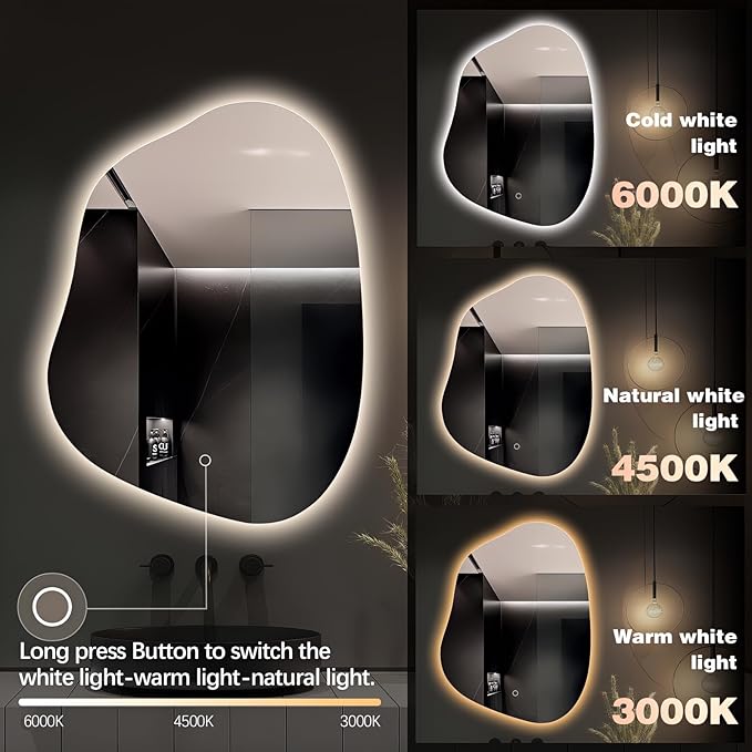 Irregular LED Bathroom Mirror with Lights, 32"x24" Anti Fog Frameless Led Bathroom Vanity Mirror, Stepless Dimmable Backlit Mirror for Bathroom Bedroom Living Room, Horizontal/Vertical