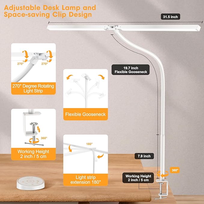 Led Desk Lamp for Office Home - Eye Caring Architect lamp with Clamp,Dual Screen Computer Monitor Gooseneck Smart Light: 24W 5 Color Flexible Adjustable Lighting Table Lamp for Study White