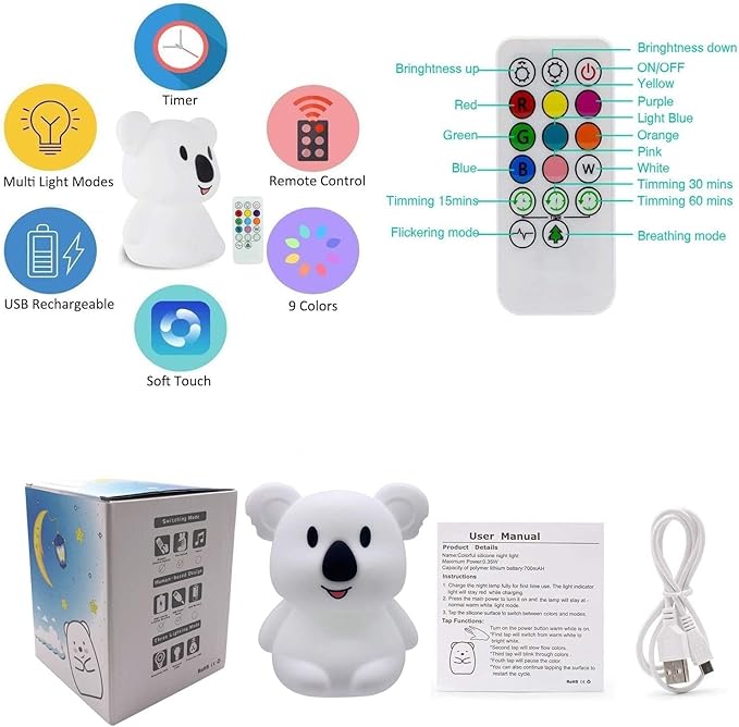 Big Size Night Light, Child Night Light, Bedside Lamp for Kids, Multicolor Light with Remote Control, Break Resistant, Eye Caring, Adjustable Brightness & Color, Timing Function - Large Koala