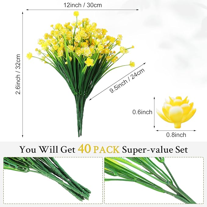Hoteam 40 Bundles Fall Outdoor Artificial Flowers Plants Uv Resistant Outside Faux Flowers Plastic Fake Plants Outdoor Summer Four Seasons Decoration Shrubs Garden Porch, Yellow