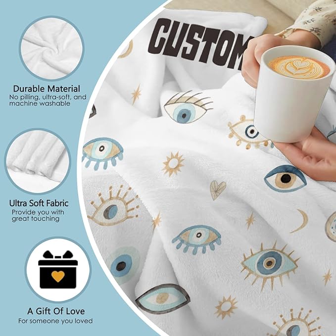 Custom Name Blanket with Evil Eye, Personalized Spiritual Blanket Evil Eye Decor for Car Couch Bedroom,Customized Magic Evil Eye Pattern Home Decor for Men Women,40"x50"-Kids/Throw Size