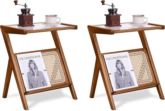 Tiita 2 Pack Rattan Side Table, Mid Century Nightstand, Bamboo Accent Bedside Tables, Glass Coffee Tables, Boho Wooden End Table with Storage for Small Space, Living Room and Bedroom