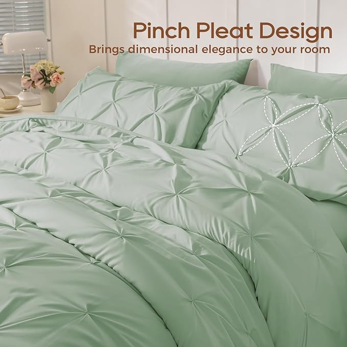 Sasttie King Size Comforter Set, 7-Piece Bed in a Bag, Pintuck Bedding Sets for All Season, Includes Comforter, Flat Sheet, Fitted Sheet, Pillowcases and Pillowshams, Sage