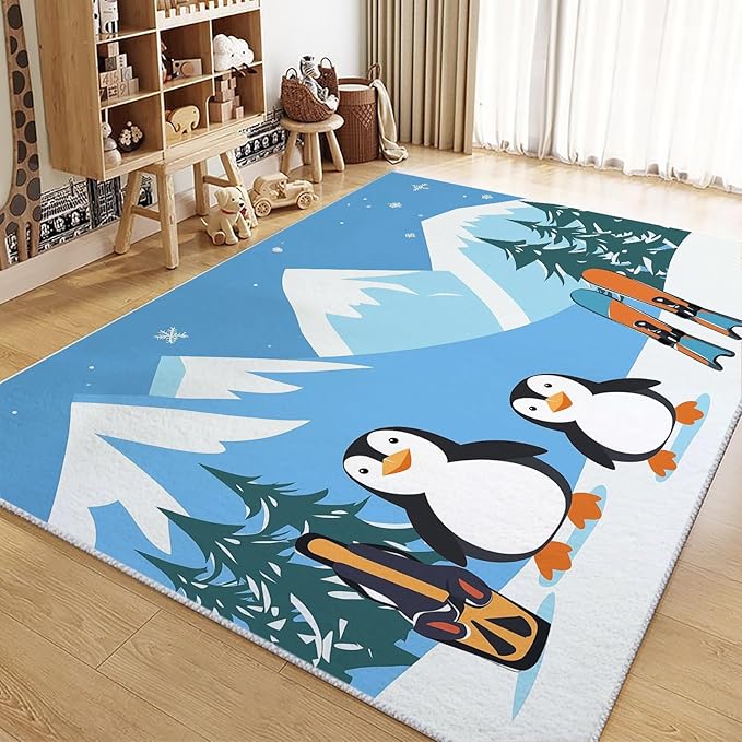 Area Rug 5x8 ft Cartoon Penguin Snowboard Blue Living Room Non-Slip Rug, 3D Print Floor Carpet, Soft Large Area Rugs for Bedroom Dining Room Kitchen, Washable Low-Pile Rug