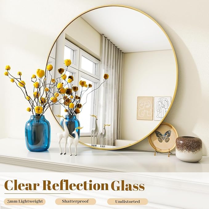 VooBang Black Round Bathroom Mirror, 42 inch Large Circle Wall Mounted Hanging Mirror with Simple Modern Circular Metal Frame for Hallway, Entryway, Living Room, Gold Frame