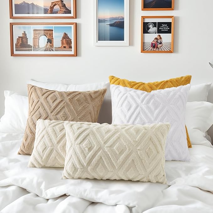 decorUhome Couch Throw Pillow Covers 24x24 Set of 2, Decorative Soft Plush Faux Wool Neutral Accent Pillow Covers for Bed Sofa Living Room, Light Khaki