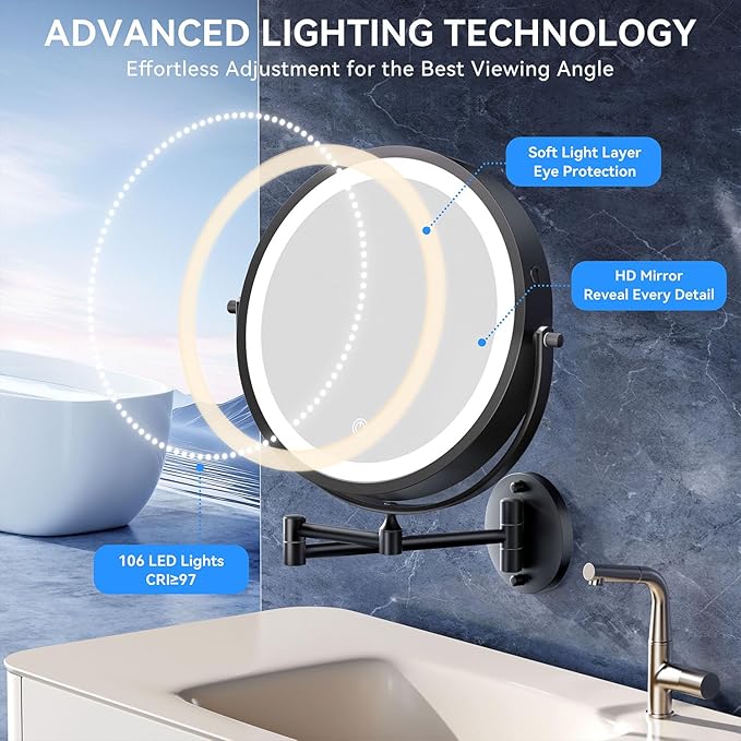 10'' 30X/1X Wall Mounted Lighted Makeup Mirror, 5000mAh Rechargeable Double-Sided Magnifying Mirror with Light, LED Vanity Mirror Touch Dimmable 3 Colors 360° Rotation Extended Foldable Arm, Black