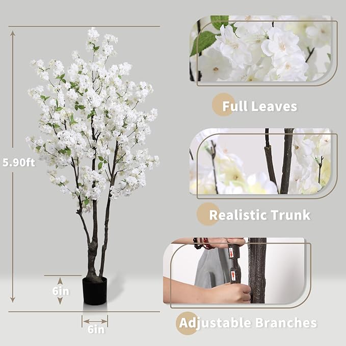 Artificial White Cherry Blossom Tree 6ft(72in) Faux Floor Green Plant for Indoor Decor Natural Potted Tree Realistic Cherry Flowers Wood Trunk for Home Living Room,Office Perfect Housewarming Gift