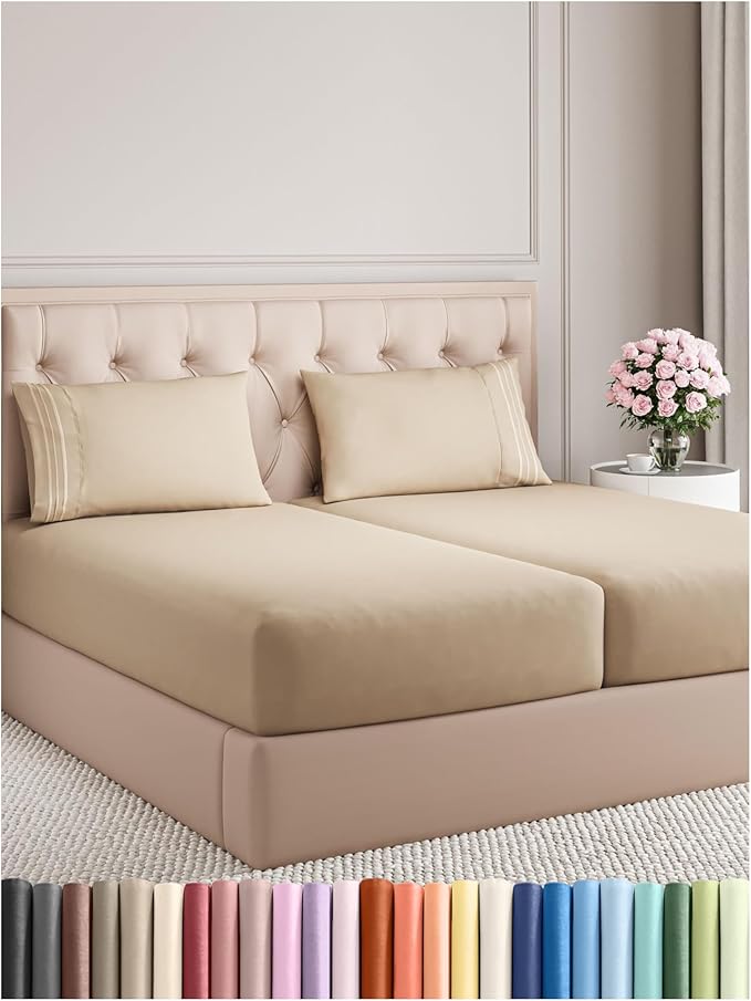 Split King Size 5 Piece Sheet Set - Comfy Breathable & Cooling Bed Sheets Set - Hotel Luxury Bedding for Women, Men, Kids, Teens, Boys & Girls - Deep Pockets, Soft and Wrinkle Free - Oeko-Tex - Cream