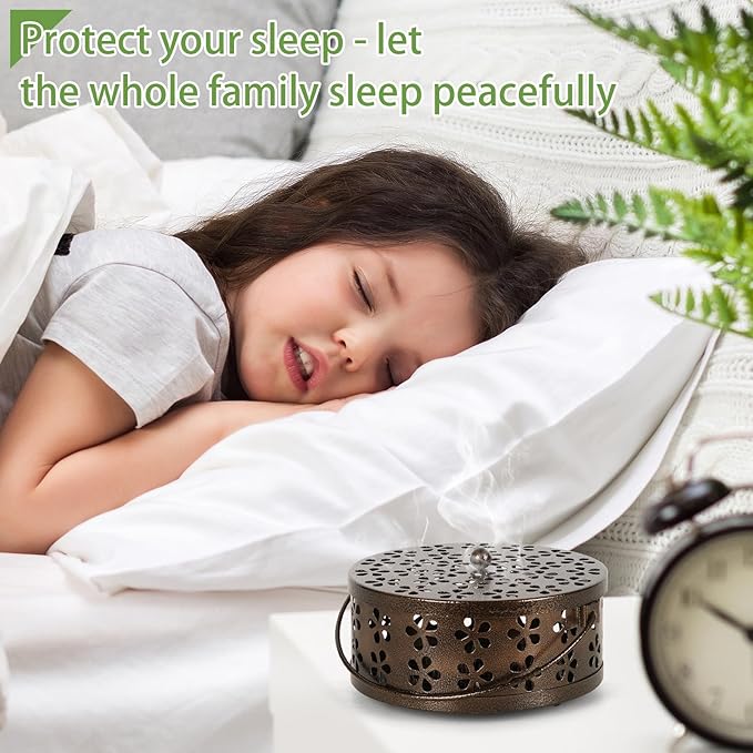 Portable Iron Mosquito Coil Holder with Handle Round Heat-Resistant Incense Holder (Bronze)