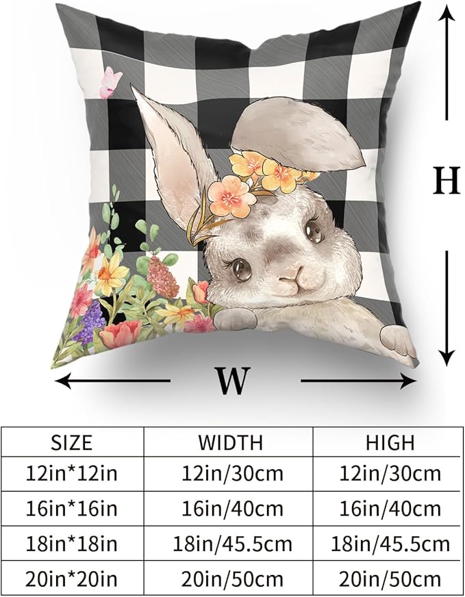 Giwawa Easter Pillow Covers 20x20 Inch, Easter Bunny Eggs Throw Pillowcases with Black White Buffalo Plaids, Cute Rabbit Spring Flower Cotton Cushion Cover for Sofa Couch Bedding Decor, Set of 2