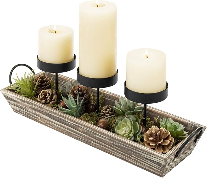 MyGift Solid Torched Wood Candlescape Display Tray Set with Metal Pillar Candle Holder and Decorative Fake Succulent Plants and Pine Cones - Holds 3 Candles