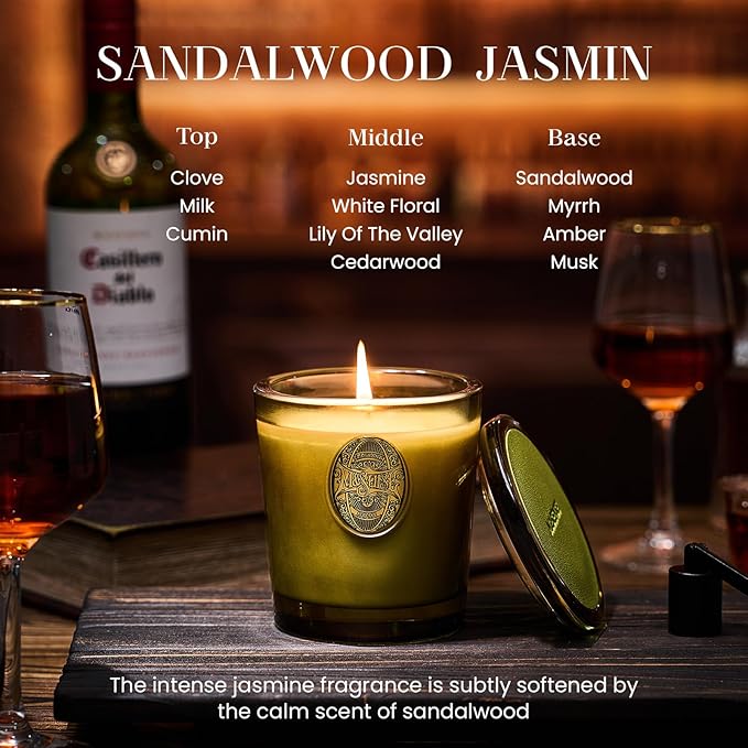 M&SENSE Natural Strong Soy Candle | Sandalwood Jasmine & Green | 9.2 oz, 50H Burn Time | Luxury Candle for Relaxation, Gifting, Home Décor | Ideal for Bedroom, Office, Party Ambiance