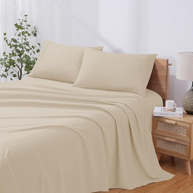 Modern Threads Soft Microfiber Solid Sheets - Luxurious Microfiber Bed Sheets - Includes Flat Sheet, Fitted Sheet with Deep Pockets, & Pillowcases Egg Shell Queen