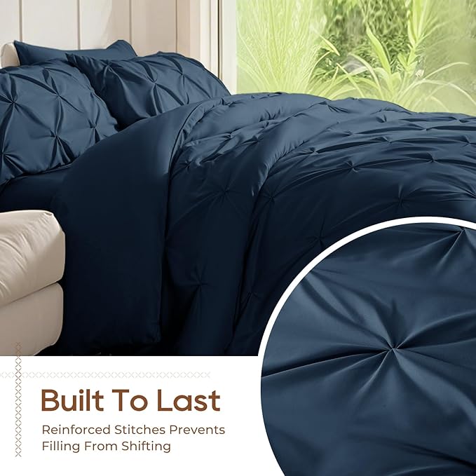 Sasttie Twin Comforter Set, 5-Piece Bed in a Bag, Pintuck Bedding Sets for All Season, Includes Comforter, Flat Sheet, Fitted Sheet, Pillowcase and Pillowsham, Navy