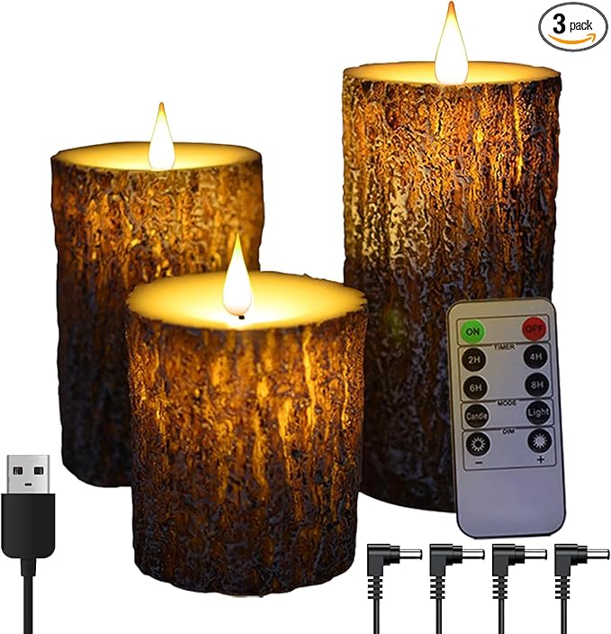 NICEME Rechargeable LED Pine Bark Flameless Candles with Timer Remote USB Cable, Brown Real Wax USB Candles Flickering Fireplace Cabin Decor Electric Fake Battery Pillar Bark Candles, D 3”×H 4”5”6”