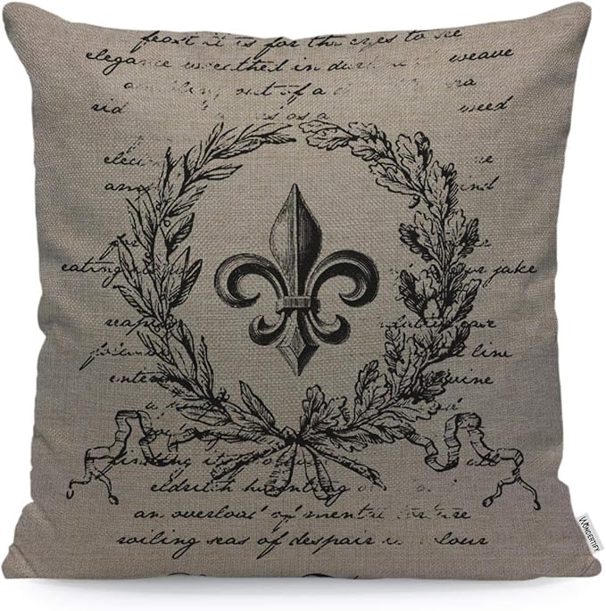 WONDERTIFY Throw Pillow Cover Case Fleur De Lis Flower Vintage Style with Retro Letter - Soft Linen Pillow Case for Decorative Bedroom/Livingroom/Sofa/Car - Couch Pillow Cushion Covers 18x18 Inch