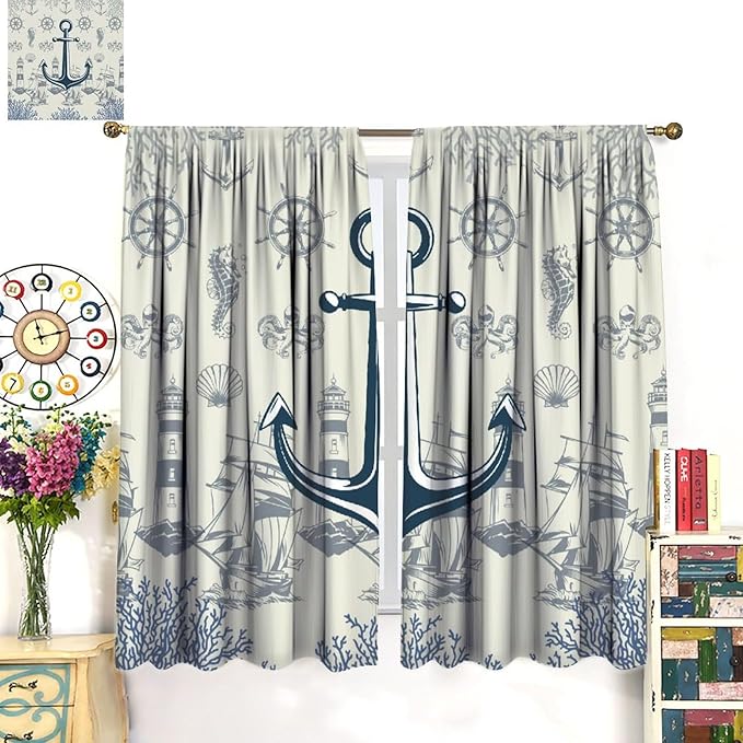 Nautical Anchor Curtains, Vintage Sailboat Ocean Coastal Lighthouse Window Drapes, Navy Blue Coral Shell Seahorse Beach Print Blackout Window Treatments for Living Room Bedroom 63x72in