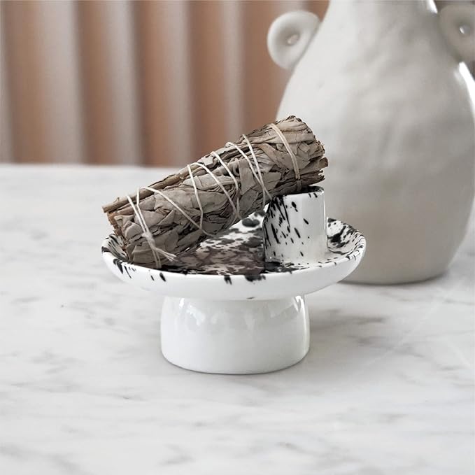 4-in-1 Ceramic Incense Burner Holder, 5-Inch Multipurpose Incense Ash Catcher for Sage, Palo Santo, Cone Incense and Candles (Black Dots)