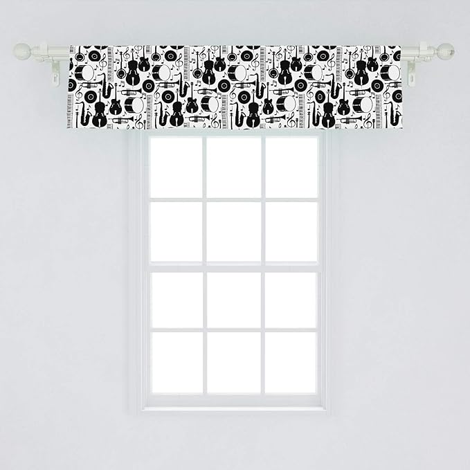 Lunarable Jazz Window Valance, Silhouette of Musical Instruments Trumpet Saxophone Guitar Drum and Keyboard, Curtain Valance for Kitchen Bedroom Decor with Rod Pocket, 54" X 12", White Charcoal