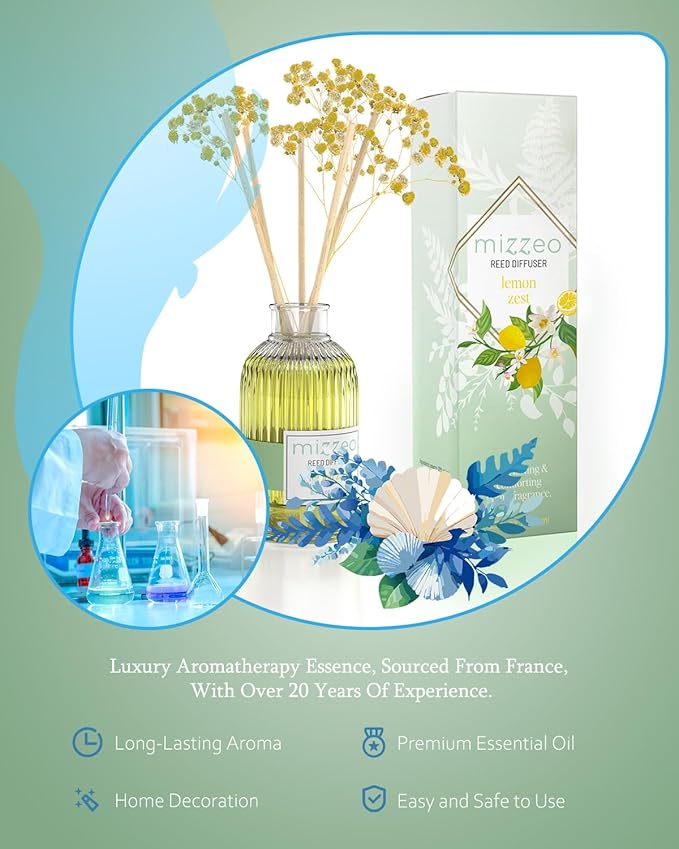 MIZZEO Reed Diffuser Set, Lemon Zest 6.76 fl oz Highly Scented Room Diffuser Home Fragrance Essential Oil Reed Flower Diffuser, House Bedroom Office Decor & Gifts