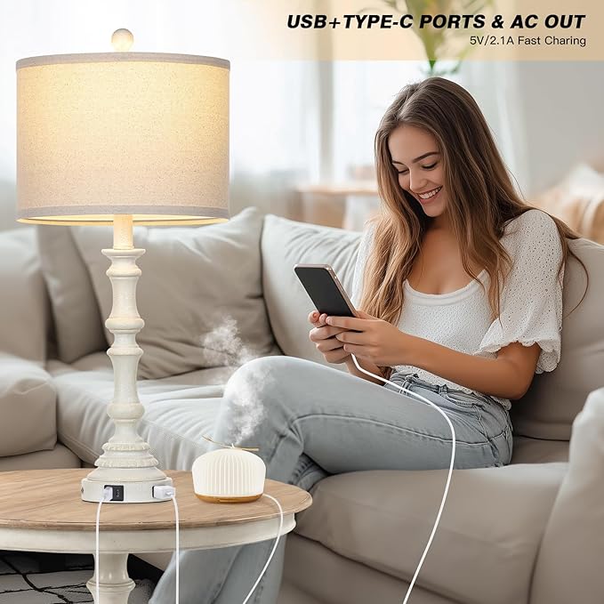 27.5" Tall Table Lamp for Living Room Set of 2, Vintage Farmhouse Table Lamps with USB C+A Ports, 3-Way Dimmable Touch Bedside Lamps, Tradition Bedroom Lamps for Nightstand Side End Table Desk, White