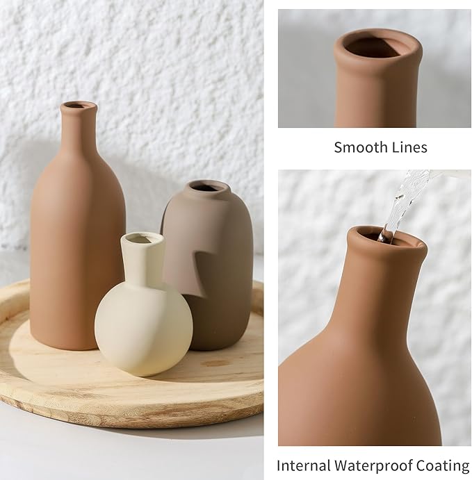 Ceramic Vases Set of 3, Modern Neutral Rustic Farmhouse Home Decor Pottery Pampas Decoration for Living Room, Table, Bathroom, Bedroom, Entryway - Brown
