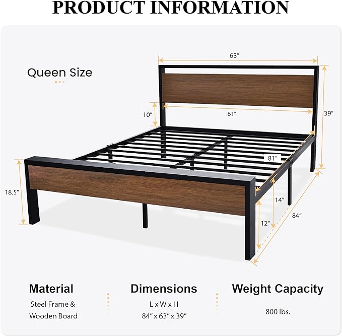 SHA CERLIN 14 Inch Queen Size Metal Platform Bed Frame with Wooden Headboard and Footboard, Mattress Foundation, No Box Spring Needed, Large Under Bed Storage, Non-Slip Without Noise, Walnut