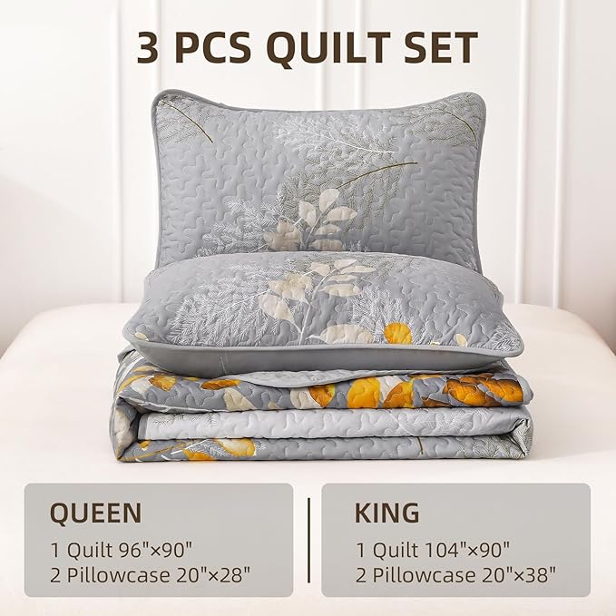 WONGS BEDDING Gold Quilt Set Queen Size, 3 Pieces Grey Gold Floral Bedspread Coverlet Set, Soft Microfiber Lightweight Floral Bedding Set Queen 96"×90"