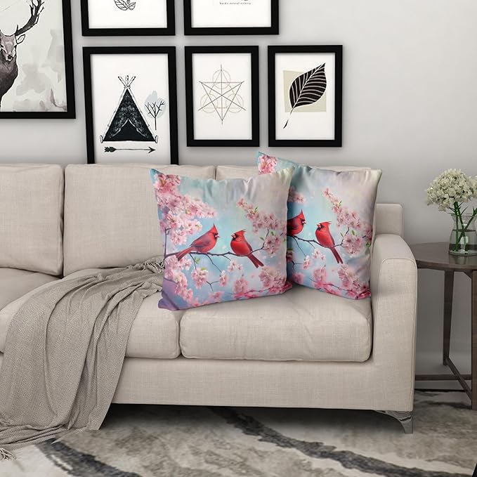 Giwawa Spring Birds Pillow Covers Set of 2, Cherry Blossom Floral Cushion Covers 20x20in, Watercolor Flowers Soft Cotton Throw Pillow Cases for Sofa Couch Patio Bedding Seasonal Decoration